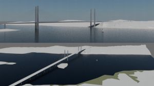 Nya Rävsundsbron: östra dragningen. Nuvarande bro är en hängbro och av de alternativa alternativen är en snedkabelbro det som påminner om nuläget. västra dragningen: planerna för rävsundsbron