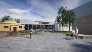 Så här kunde konserthuset och Trätorget se ut efter renoveringen. Skiss över hur konserthuset skulle se ut efter renoveringen.