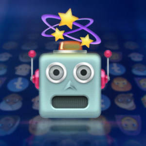 Facebook-emojin och ett förundrat robothuvud. 