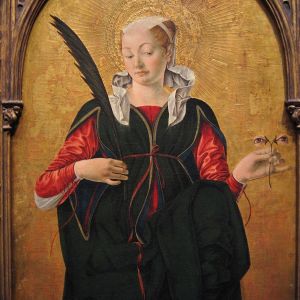 Francesco del Cossas målning av Sankta Lucia, med sina utstuckna ögon i handen.