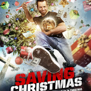 filmomslaget till filmen Saving christmas. en tecknad gubbe med julpynt omkring sig.