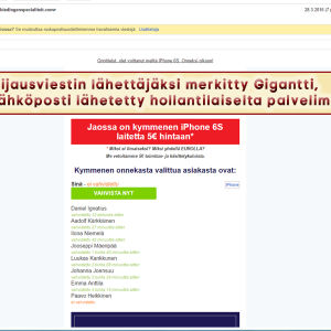 Gigantin nimissä lähetetty huijausviesti.