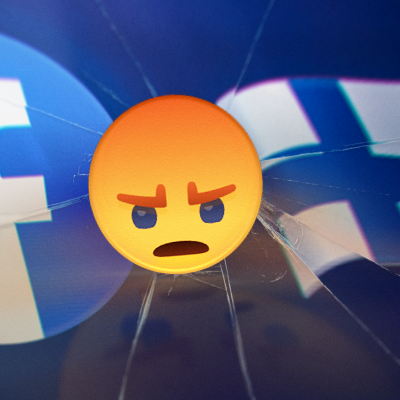 Facebookin tunnus ja Suomen lippu näytöllä, jonka lasi on rikki. Näytön päällä on vihainen emoji. Kuvituskuva.