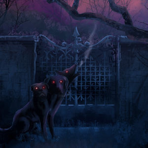 Kolme tarujen koiraa, kerberusta ulvoo pimeässä ja kylmässä yössä silmät kiiluen