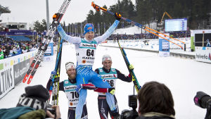 Martin Johnsrud Sundby, Iivo Niskanen och Niklas Dyrhaug medaljtrio 15 km, VM 2017.