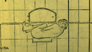 Piirroskuva naisesta makaamassa uunin sisällä