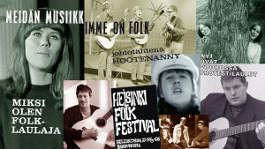 Kollaasissa Anki Lindquist, Hootenanny Trio, Sinkat, Irwin Goodman, Hector, Guldgurkorna ja Folk-Fredi sekä lehtiotsikoita ja mainoksia vuosilta 1965-1967.