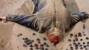 Haalaripukuinen henkilö makaa hiekassa käpyjen keskellä punainen huivi kasvojen suojana Turppi-ryhmän maataideteoksessa Muurahaiskuningatar Lehtimäessä 1982.