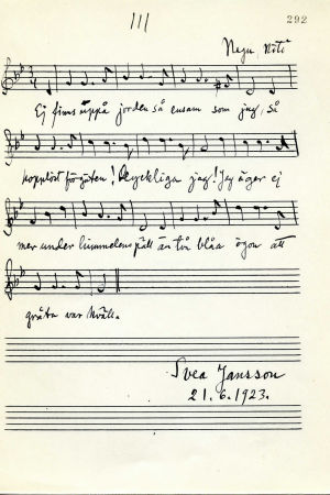 Säg vem är på jorden ensam som jag. Svea Janssons variant av visan, upptecknad av Greta Dahlström 1923. sls
