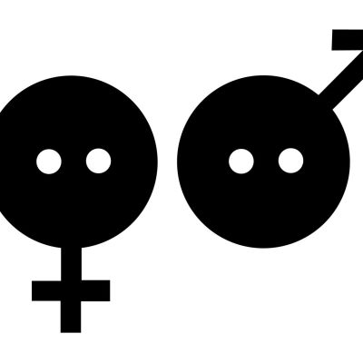 Grafisk bild med en knapp som kvinnosymbol och en knapp som manssymbol. Svarta bilder och vit bakgrund.