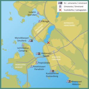 Karta över Vasas badstränder. Krysset visar var läckaget av avloppsvatten skedde. Karta över stränder i Vasa samt läckageplats för avloppsvatten.
