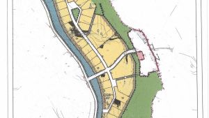 En detaljplanekarta över Slussenområdet i Sjundeå, vid Sjundeå å. Detaljplanen uppdaterades senare så att byggrätten minskade.