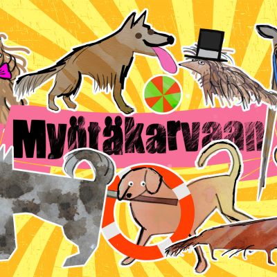 Myötäkarvaan-podcast-sarjan grafiikkakuva, kuvassa graafisia koirahahmoja