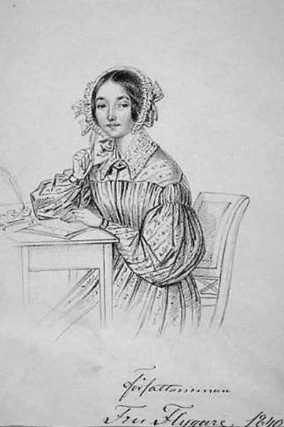 Författaren Emilie Flygare-Carlén som nyss anländ till Stockholm, 32 år. Tecknad av Maria Röhl. Teckningen finns på Kungliga biblioteket i Stockholm.