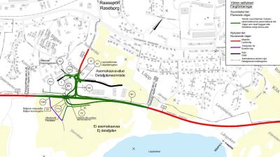 En karta som visar hur man ska bygga en ny korsning vid riksväg 25 i Läpp i Karis.