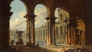 Den franske konstnären Hubert Roberts (1733–1808) visualisering av ett antikt badhus. Bild på målning av ett antikt badhus.