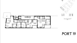 Planritning för Port 19 Grundplanen för en stor bostad i det första huset som byggs i Port 19.