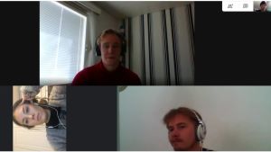Arrangörerna har ordnat allt på distans, utan att träffas en enda gång. På bilden deltar en del av gänget i ett videosamtal. Ronny Eriksson (uppe i mitten), Victor Lindahl (hö. hörn), Sara Käld (vä. nere) och Vincent Forsman (hö. nere). En datorskärm där man ser tre personer i ett videosamtal.