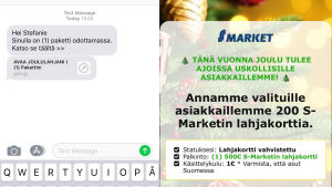 Ett exempel på hur bedrägeriet har sett ut. SMS som påstås innehålla presentkort till S-market.