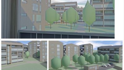 En illustrationsbild som visar hur det i framtiden kunde se ut i nuvarande vårdcentralens kvarter i Sjundeå.