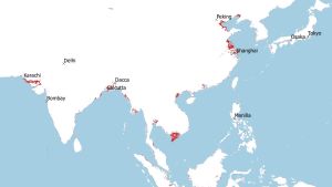 Städer med över 10 miljoner invånare i Asien, låglänta områden (<3 m över havet) i rött. Låglänta områden i Asien (<3 m.ö.h) och städer med över tio miljoner invånare.