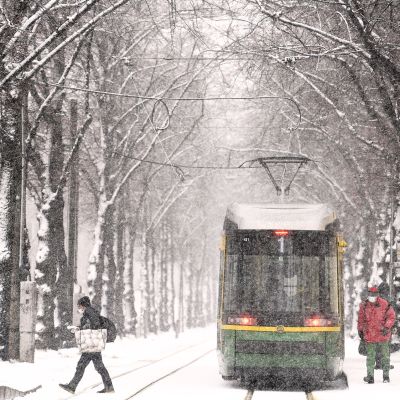 Raitiovaunu lumisateessa Helsingissä.