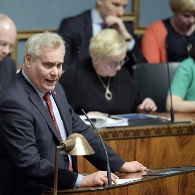 Kansanedustaja Antti Rinne piti sdp:n ryhmäpuheenvuoron eduskunnan täysistunnossa.