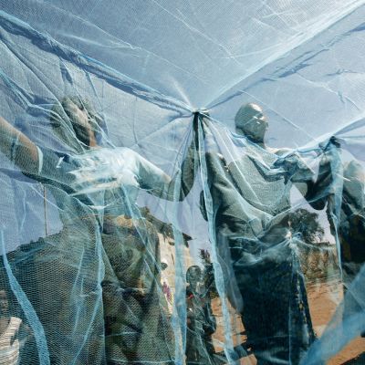 Sambialaisia tutkimassa uusia kehitysapuna saatuja hyönteisverkkoja