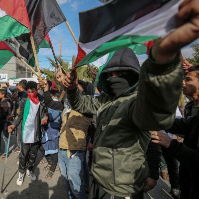 Palestiinalaisten mielenosoitus Yhdysvaltain presidentti Donald Trumpin Lähi-idän rauhansopimusta vastaan Gazassa 28.1.2020. 