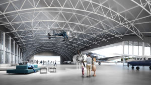 I Pyttis Redstones planerade allaktivitetslokal, som är en kombination av hangar och terminal, skulle resenärerna kunna stiga på flyget redan i terminalen. På det här sättet minskar till exempel behovet av att avisa planen. I lokalen kan man också ordna olika evenemang. En flygplatshangar och -terminal.