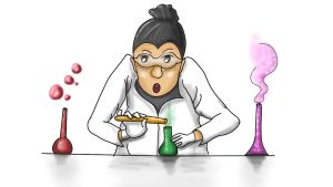 Bilder på temat kemi är inte så lätta att hitta på internet. Illustration av en kvinna som gör kemiska experiment