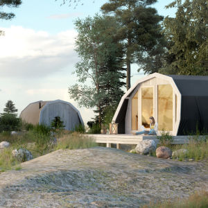 Suomen luontokeskus Haltian naapuriin elokuun alussa avattavan Haltia Lake Lodge- luontohotellin yhteyteen Nuuksion rakentuu viisi Lodge Glamping – telttaa. (Havainnekuva)