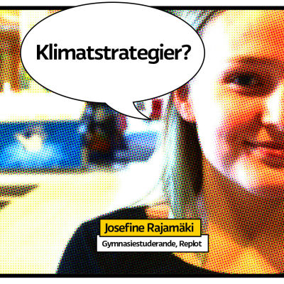 Gymnasisten Josefine Rajamäki i Replot i skolans matsal som rastrerad serietidningsbild med pratbubbla och texten "klimatstrategier?"