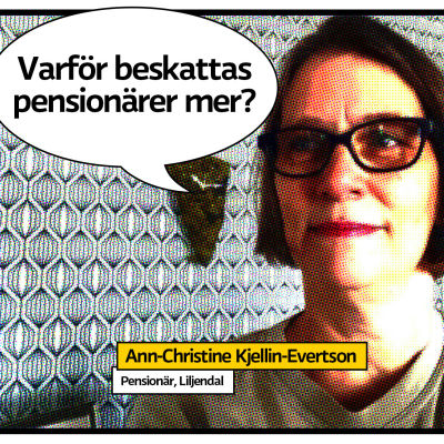 Pensionären Ann-Christine Kjellin- Evertson poserar som serietidningssida med pratbubbla och texten "varför beskattas pensionärer mer?".