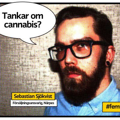 Sebastian Sjökvist porträtt som serietidningssida med pratbubbla och texten "Tankar om cannabis?"