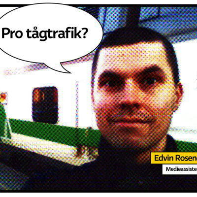 Edvin Rosenqvist och pratbubbla "Pro-tågtrafik?" framför ett tåg.