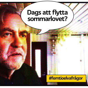 Tidigare stadsdirektören Mårten Johansson porträtt på terrass som serietidiningssida med pratbubbla och text "Dags att flytta sommarlovet?"