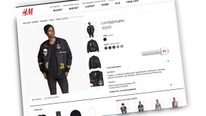 H&M:n sivuilla myydään lentäjäntakkia, jossa on kuvitteellisten bändien hihamerkkejä. // Kuva: Kuvakaappaus H&M:n sivulta