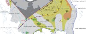 Bilden föreställer ett utkast från år 2016. Där framgår hur stråket planerades att dras över udden. En karta över ett område där ett promenadstråk har ritats in mellan vattenbrynet och några bostadshus.