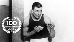 Gunnar Bärlund, 1930. Med logon för Finlands 100 största idrottsögonblick.