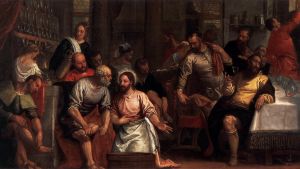 Jeesus pesee opetuslastensa jalkoja Paolo Veronesen maalauksessa.