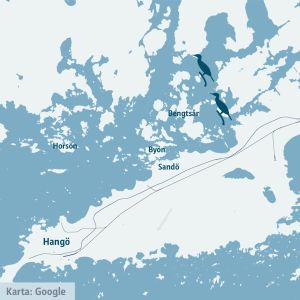 Den här kartan visar de två kolonier som finns norr om Sandö. Det finns flera skarvkolonier runtom i Västnyland. En bild på en karta som pekar ut var de besökta skarvöarna finns