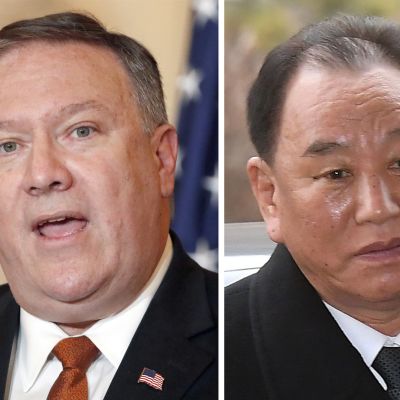 Ulkoministeri Mike Pompeo ja Pohjois-Korean työväenpuolueen varajohtaja Kim Yong-chol.
