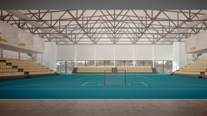 I hallen skulle det finnas plats för 1 300 åskådare. Arkitektskiss över idrottshall.