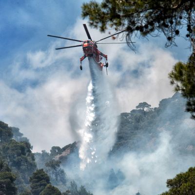 Helikopterista tiputetaan vettä palavaan metsään.
