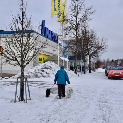 Nainen taluttaa koiraa S-marketin luona.
