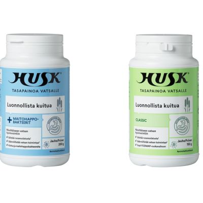 HUSK® TASAPAINOA VATSALLE CLASSIC 150 G ja HUSK® TASAPAINOA VATSALLE KUITU + MAITOHAPPOBAKTEERIT 200 G.