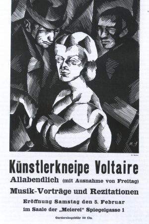 Plansch av Marcel Słodki för öppningen av Cabaret Voltaire i Zürich 1916 Plansch av Marcel Słodki för öppningen av Cabaret Voltaire i Zürich 1916
