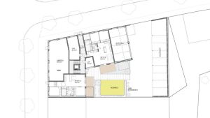 Såhär ser en ritning ut över hur parkeringen är inritad i nya planen. Ritning över ett hus.