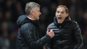 Ole Gunnar Solskjär ser fundersam ut samtidigt somThomas Tuchel firar vilt. Ole Gunnar Solskjär.